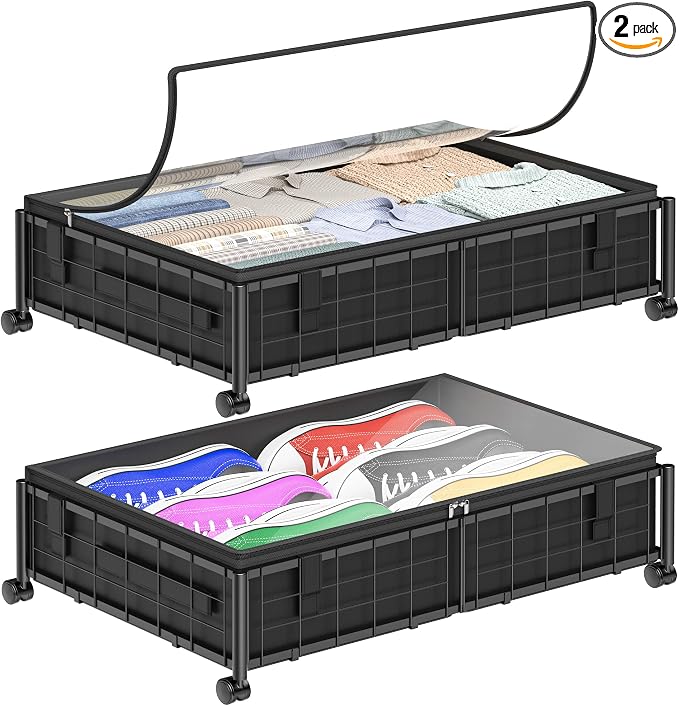 Hleelomi Under Bed Storage with Wheels and Storage Bag, 360° Rolling Under Bed Metal Drawers for Clothes, Blankets, Books and Shoes,Black， 2pack