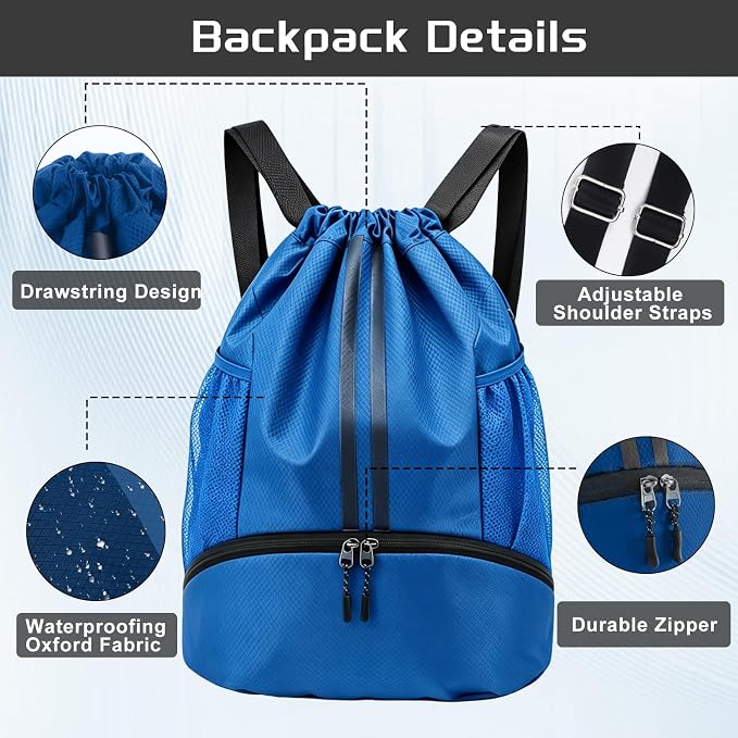 Blue Sports Drawstring Backpack with Shoes Compartment, String Gym Bag with Wet Proof Pocket for Basketball, Soccer, Swim, Sport Bag for Men and Women