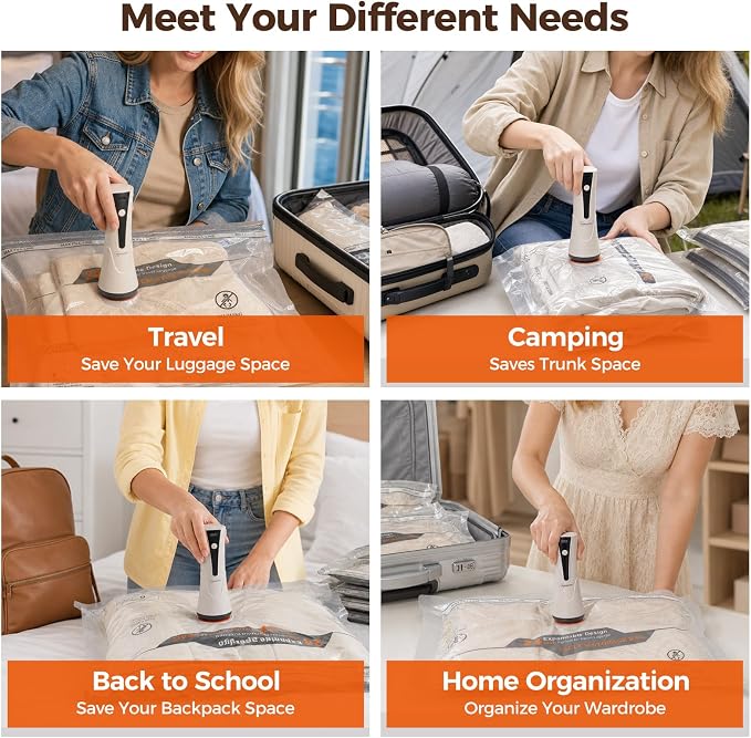 Vacuum Seal Bags for Clothing Travel with Electric Pump,8 Pack | Fits Carry-On, Luggage, and Suitcase | Reusable Airtight Seal Prevents Leaks | Save 85% Volume for Clothes & Bedding