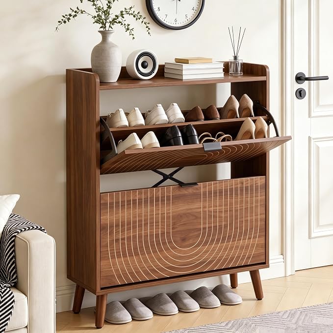 Arch-Chic Shoe Cabinet for Entryway with 2 Flip Drawers, Freestanding Shoe Storage Cabinet for Entryway, Narrow Wood Shoe Organizer for Foyer, Front Door, Hallway