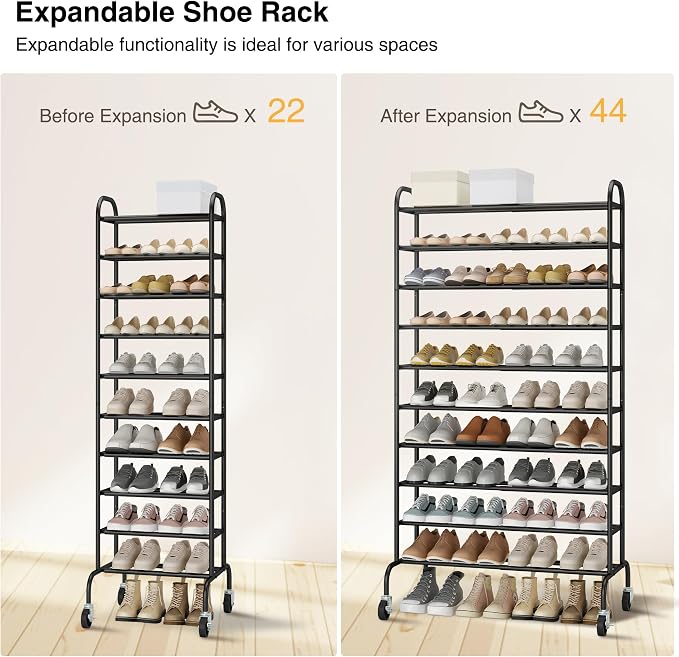 STO STO Expandable Shoe Rack, 10-Tier Metal Tall Shoe Rack for Garage, Up to 44 Pairs Adjustable Shoe Rack Storage for Front Door Entrance, Free Standing Shoe Rack Organizer for Entryway, Black