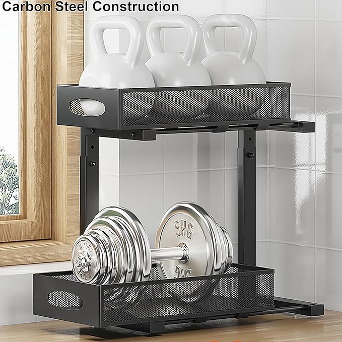 1 Pack Under Sink Organizer and Storage, 2 Tier Pull Out Sliding Cabinet Shelf, 5-Level Height Adjustable Thickened Carbon Steel Storage Rack for Kitchen Bathroom Cabinet, Black