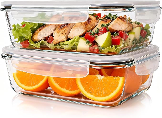 2 Pack 78oz/9.8 CUPS Large Glass Storage Containers with Lids, Meal Prep Food Container Set, Airtight Leakproof Snap Lids, For family meal prep, Baking, Microwave Oven Freezer Dishwasher Safe