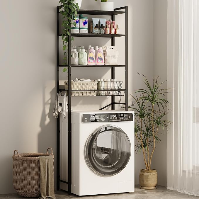 Gizoon Over-The-Toilet Storage Rack with Adjustable Shelf and Basket, 4-Tier Freestanding Space Saver Bathroom Shelves Above Toilet for Room
