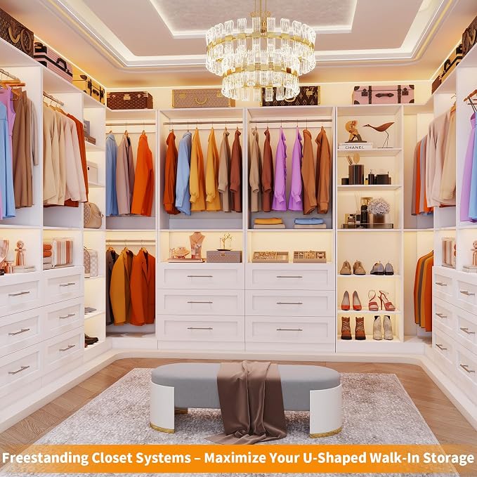 Closet System with 6 Drawers, Corner Closet Organizer Systems with 8 Shelves & 7 Hanging Rods L-Shaped Walk in Closet Freestanding Corner Tower Modular Storage System 3 Sets 2100+ Lbs Capacity White