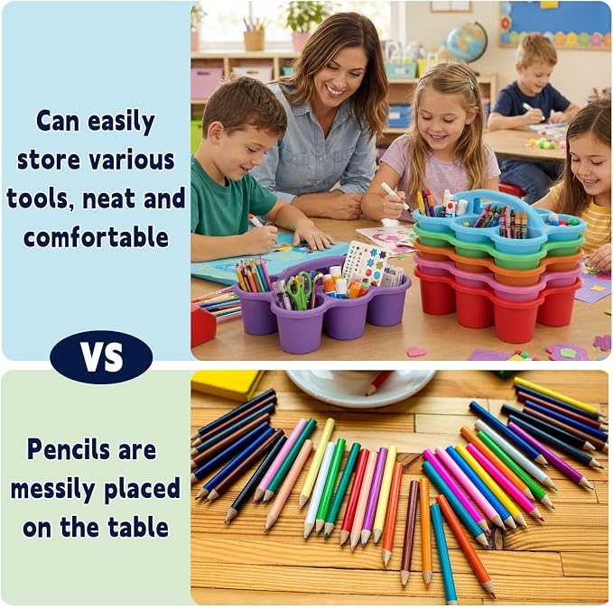Plastic Caddy with Handle Set of 6 Classroom Caddy Organizer Cup Caddies Water Bottle Storage Crayon Caddies Plastic Cup Holder Drink Carrier for School Home Office Supplies (Rainbow)