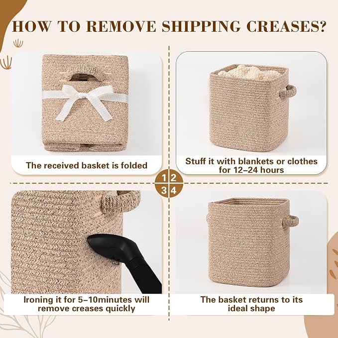 12 Inch Storage Cubes, 3 Pack Cube Storage Bins for Organizing, Cotton Rope Woven Baskets for Shelves, Bathroom, Kids Room, Closets, Baby Nursery