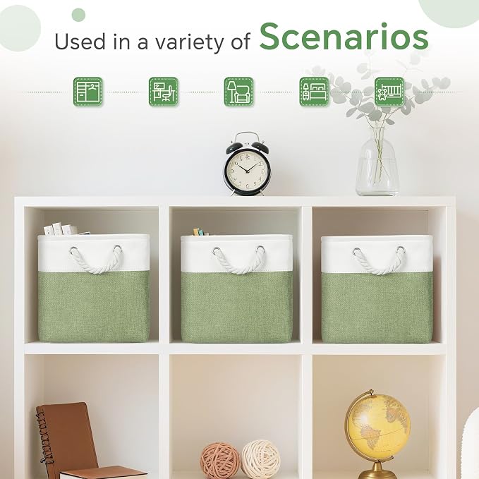 FinishingBo Fabric Cubes Storage Basket, 6 Pack 11x11 in with Handles Cube Storage Bins, for Shelves, Home, Office Organizers (White/ Green)