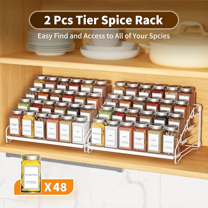 BOIVSHI Spice Organization for Cabinet, Spice Rack Organizer, Spice Rack Organizer for Cabinet, Depth Adjustable Seasoning Organizer Organizer for Cabinet, Countertop, Pantry, Metal, White (2 Pack)