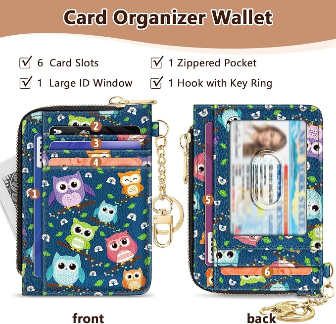 GIANCOMICS Slim Wallet Credit Card Holder Women, Owls Rfid Blocking Small Card Case, Keychain Thin Pocket Curved Zipper Wallet, Travel Card Holder PU Leather ID Window, Ladies Female Gifts