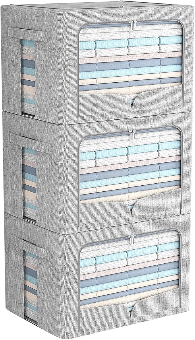 FHSQX 3 Pack Clothes Storage Bins with Metal Frame-36L | 15.7x11.8x11.8inch,Portable, Large Clear Window, Stackable, Durable Handles, Foldable, Linen Fabric