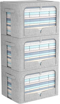 FHSQX 3 Pack Clothes Storage Bins with Metal Frame-36L | 15.7x11.8x11.8inch,Portable, Large Clear Window, Stackable, Durable Handles, Foldable, Linen Fabric