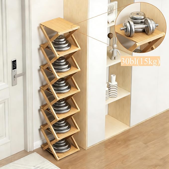 Bamboo Shoe Rack - No Assembly Required, Tall Narrow Foldable Shoe Organizer, Space-Saving Multifunctional Shelf for Entryways, Corners, Bedrooms, Balconies, 7 Layer(Reinforced and Thickened)