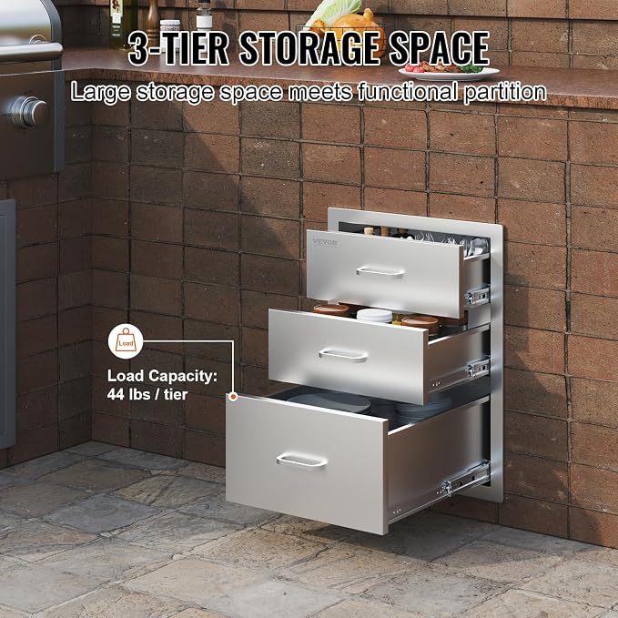 VEVOR 18x23 Inch Outdoor Kitchen Cabinets 18W x 20.5H x 23D Inch, BBQ Drawers Stainless Steel, Outdoor Kitchen Drawers Triple Access with Chrome Handle, BBQ Island Drawers, Grill Drawers Storage | Stainless Steel Outdoor Kitchen Drawers Triple Access w...