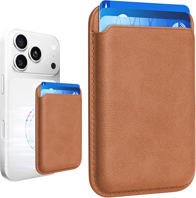 Magnetic Wallet Phone Card Holder for Phone Case with Mag-Safe, Stronger Magnetic RFID Leather Phone Wallet Stick on Series of iPhone 17/16/15/14/13/12 and Pro/Promax, Caramel Brown