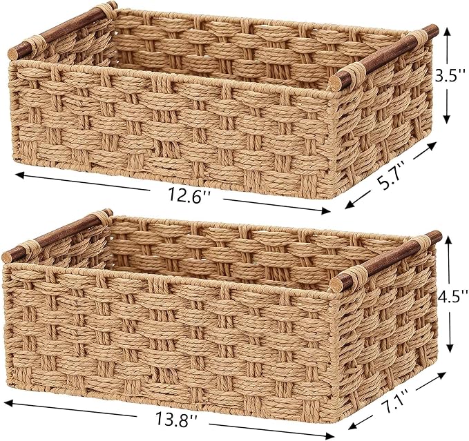 Vagusicc Wicker Storage Basket, Set of 2 Hand-Woven Paper Rope Wicker Basket for Organizing with Handle Decorative Storage Bins for Counter Shelf Table Toilet Paper Basket for Toilet Tank Top, Natural