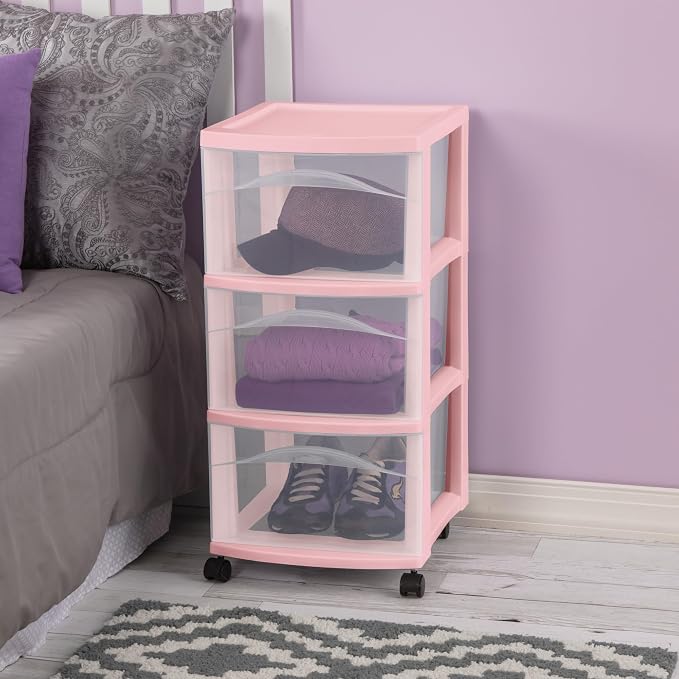 Sterilite 2 Pack 3 Drawer Storage Cart, Plastic Rolling Organization, Pink | Clear Plastic Organizer Drawers with Wheels for Craft Supplies, Bath Essentials, or Home Accessories