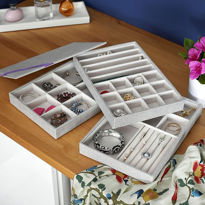 Household Essentials Grey Stacking Jewelry Organizer Box Tray Set with Removable Lid Fabric (744-1)