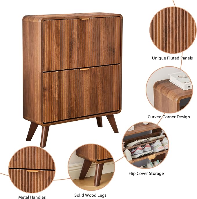 RARZOE Fluted Shoe Cabinet for Entryway, 27.5''Walnut | Narrow Curved Shoe Storage Cabinet with 2 Flip Drawers, Slim Shoe Rack Organizer for Foyer, Hallway, Fits Size 11 Shoes
