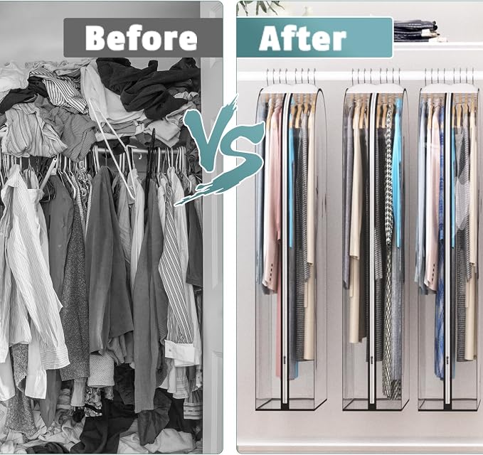 Liuoud Clear Garment Bag for Hanging Clothes 10” Gusseted, 40&60” Suit Bags for Open Closet Storage Plastic Clothes Cover for Coat, Dress, Shirts, Fur, Jacket, Wardrobe Protectors, 6 Pack
