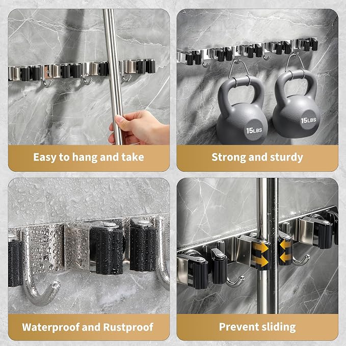 5 Racks 4 Hooks Mop and Broom Holder Wall Mount,Broom Organizer | Heavy Duty Rust-Resistant Utility Hangers, Non-Slip Grip Stainless Steel Tool Rack, Space Saver Clutter-Free Home, 1 Pc Black
