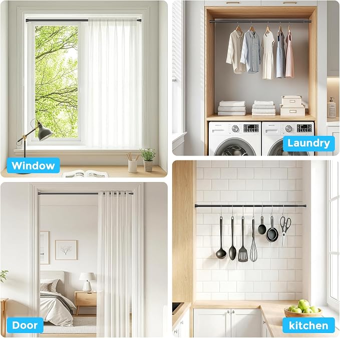 MEXAU 6 Pack Black Spring Tension Curtain Rod for Window 23 to 37 Inch Thin Spring Tension Rods Small tension Rod Adjustable Expandable Spring Curtain Rods No Drill for Closet Cupboard Door Doorway