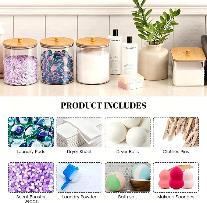 HomePekite 2 Pack Glass Laundry Pods Container, Clear Laundry Room Organization Containers with Lids & Labels, Powder Laundry Detergent Container for Scent Booster, Powder
