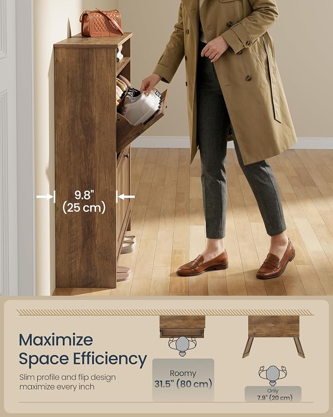 SONGMICS Home Shoe Cabinet, Snapsemble Superfast Assembly, Shoe Storage Cabinet for Entryway with 2 Flip Drawers, Adjustable Dividers and Open Storage, Farmhouse, Honey Brown