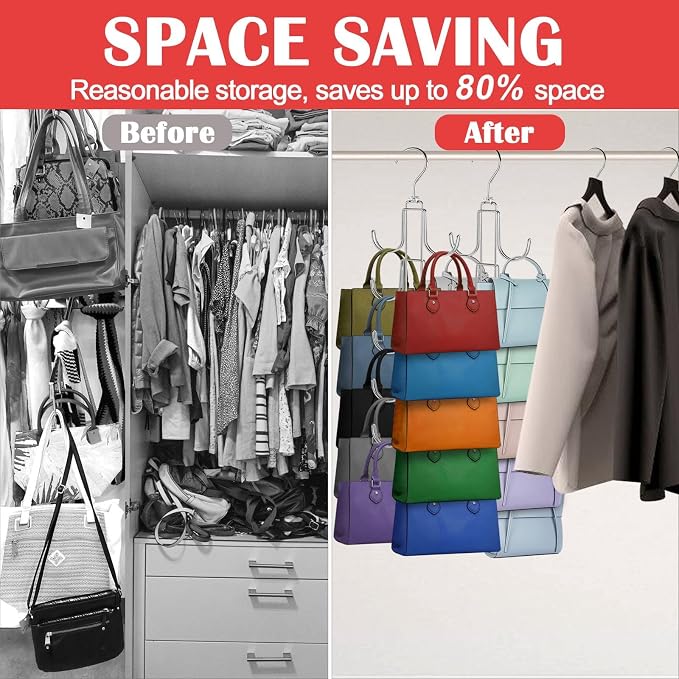Purse Hanger for Closet, Collapsible Metal Purse Organizer with 20 Big Hooks(2 Pack), 360° Rotation for Better Organizer&Display, Foldable Bag Hangers Space Saving for Handbag, Belt, Scarve, Tie