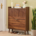 BERRYMERRY 30" Narrow Shoe Storage Cabinet with 2 Flip Drawers and Wave Fluted Design for Hallway Entryway Living Room Foyer (Fluted Walnut 2 Drawer)