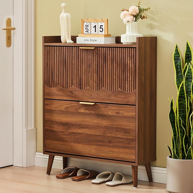 BERRYMERRY 30" Narrow Shoe Storage Cabinet with 2 Flip Drawers and Wave Fluted Design for Hallway Entryway Living Room Foyer (Fluted Walnut 2 Drawer)