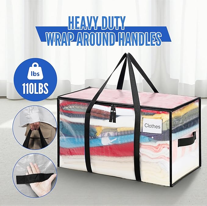 BAGAIL Heavy Duty Moving Bags with Strong Handle, Extra Large Moving Boxes, Storage Tote for Clothes, College Moving Supplies(Clear, 4 Pack)