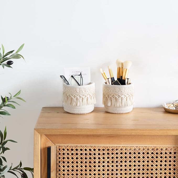 Mkono Macrame Makeup Brush Holder, Boho Mini Storage Basket Set of 2 Ivory | X-Small 3.9"W x 3.9"H, Decorative Basket, Comb Pens Tiny Succulents Holder, Bedroom Vanity Living Room Bathroom Dorm Office