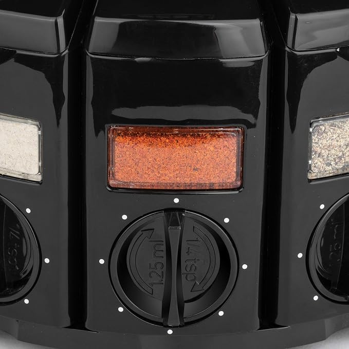 Kitchen Art Spice Rack Select-A-Spice Auto-Measure Carousel 12 Compartments Black 8.75 x 8.75 x 6 inches | 12 Spice Canisters | 55 Labels Included | Revolving Spice Rack | Each Jar Dispenses 1/4 Teaspoon With Each Twist | Mountable