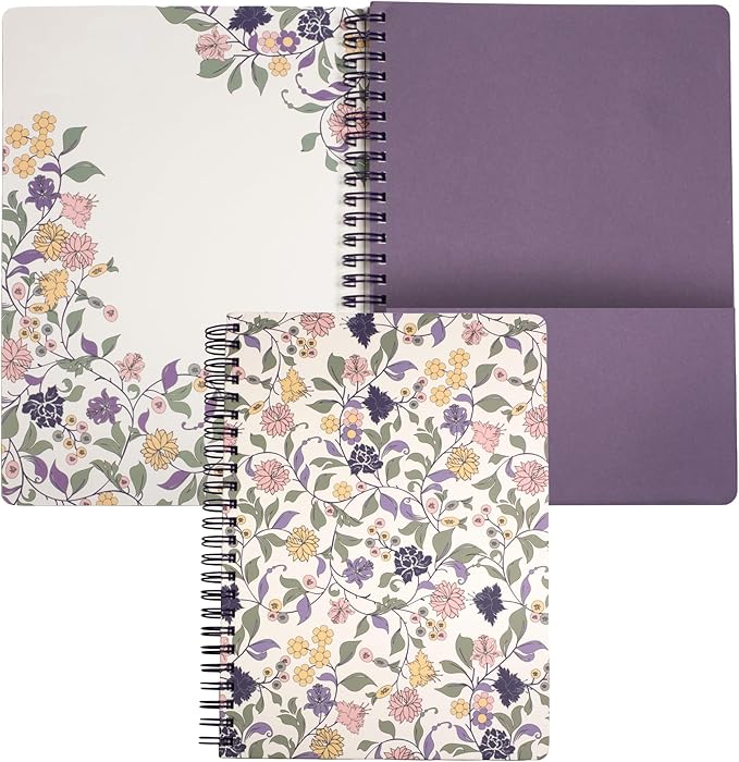 Steel Mill & Co Cute Floral Mini Spiral Notebook, 8.25" x 6.25" Journal with Durable Hardcover and 160 Lined Pages, Purple Vine Ditsy