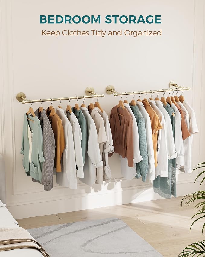 OROPY 33" Industrial Pipe Clothing Rack, Wall Mounted Clothes Rack 2 Pack | Gold, Closet Rods for Hanging Clothes, Multi-purpose Hanging Rod for Laundry Room, Bedroom and Closet Storage