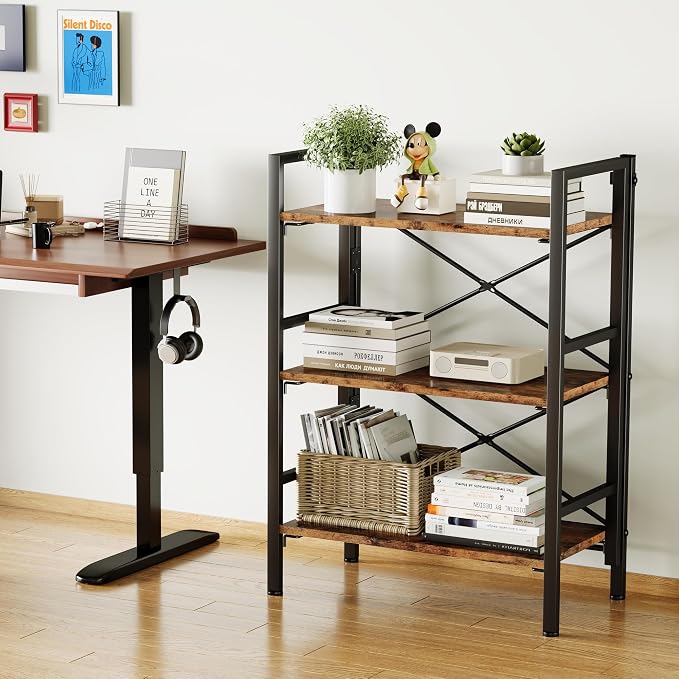 Homeiju Folding Bookshelf No Assembly, 3 Tier Bookcase Foldable Shelf with X-Bracket Design, Adjustable Feet, Space Saving Storage for Living Room, Office (Rustic Brown)