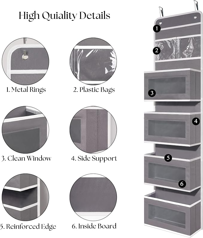 Giraffe Creation Gray Over Door Organizer with 4 Large Clear Pockets, Neutral Hanging Door Storage for Closet, Bathroom, Bedroom, Dorm, Nursery, Toys, Toiletries