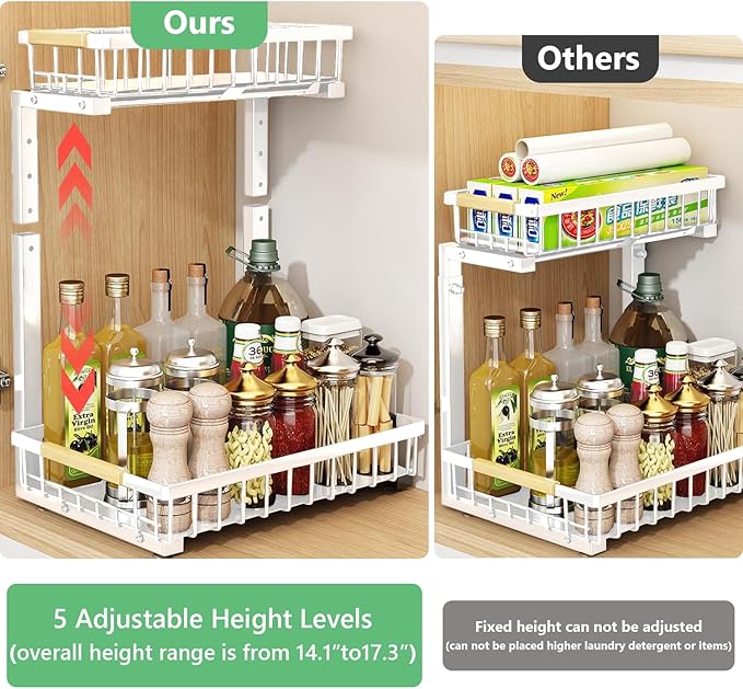 Merrylun Under Sink Organizers,5 Adjustable Height，Metal Pull Out Under Sink Organizers and Storage Shelves with Sliding Drawer (White, 2 pack)