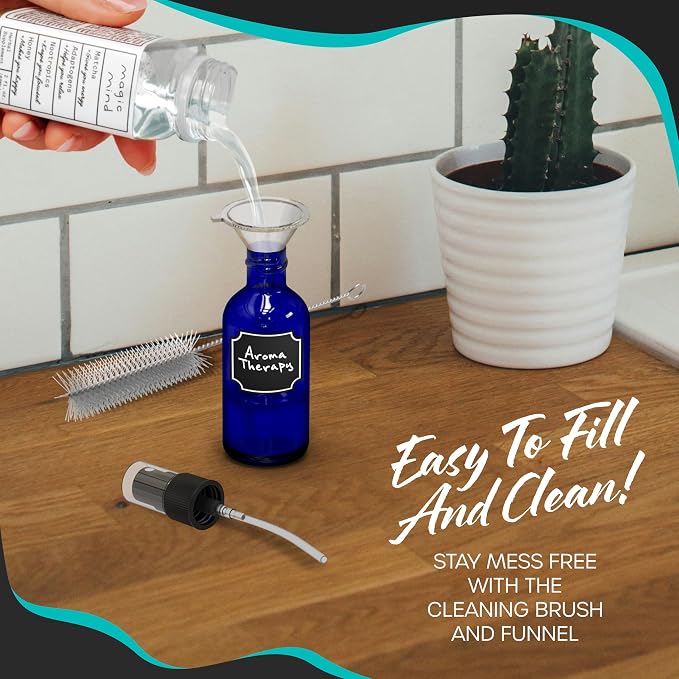 Nevlers 1 Oz Blue Glass Spray Bottles for Cleaning & Refreshment 24 Pack | Small Spray Bottle Travel Size Set w/ Shrink Wrap, Funnel, Brush, Marker & Labels | Perfume Travel Refillable Containers