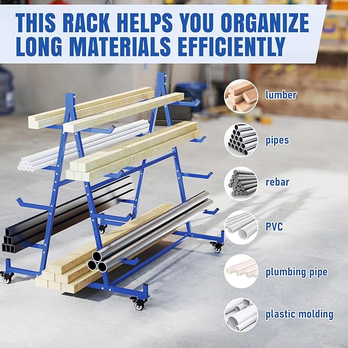 tonchean Lumber Storage Rack with Wheels, 55.9" D x 46.2" W x 54.3" H | Heavy duty mobile conduit pipe stand, 5 tier, can holds up to 1000lbs