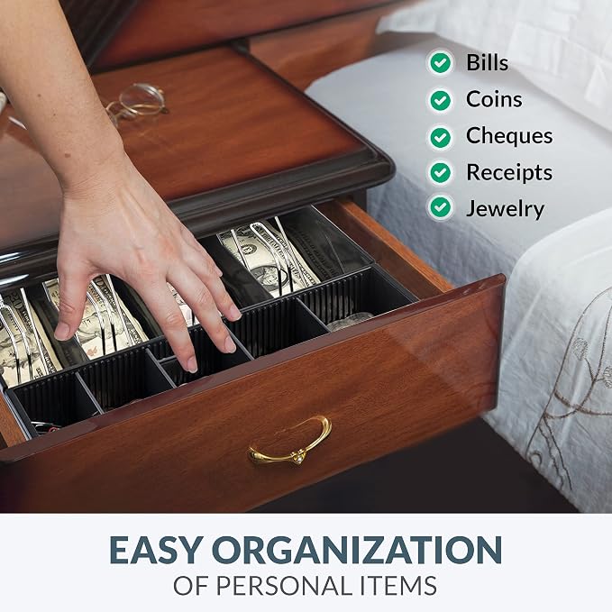 Volcora Cash Drawer Tray - 11.7 x 10.3 x 2.3 Inch Cash Register Insert - 4 Bill / 5 Coin Replacement Cash Tray 13" Fully-Removable Drawers - Stainless Steel Currency Compartment Money Storage