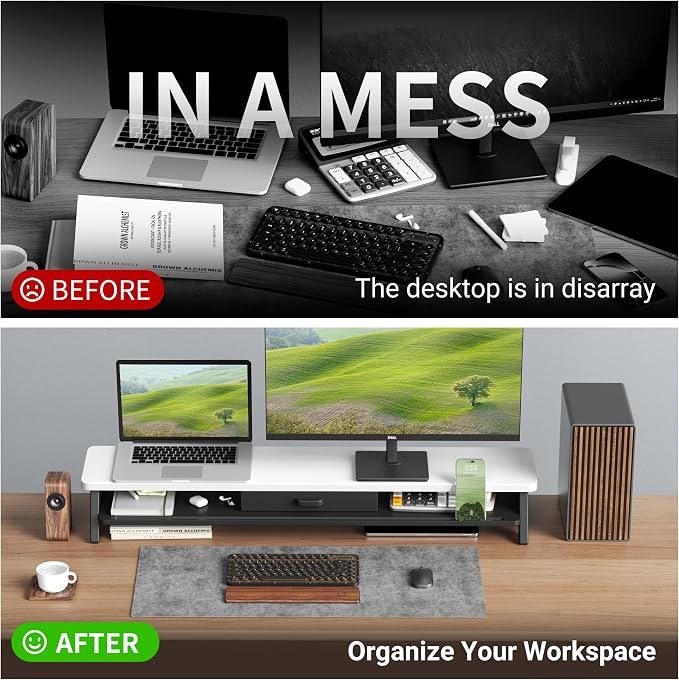 AFOOYO Dual Monitor Stand Riser,LED 2-Tier 39.3 Inch Computer Monitor Stand for 2 Monitors,Office Desktop Organizer with Storage Drawer and Phone Holder for Laptop,PC,Computer,Printer,White