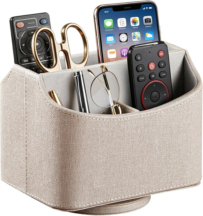 PUSU Leather 360°Rotatable Remote Control Holder,Nightstand TV Remote Caddy | Office Supplies Desktop Organizer,Spinning Storage Box for Pen,Mail,Phone,DVD, Blu-Ray, Media Player,Heater Controllers