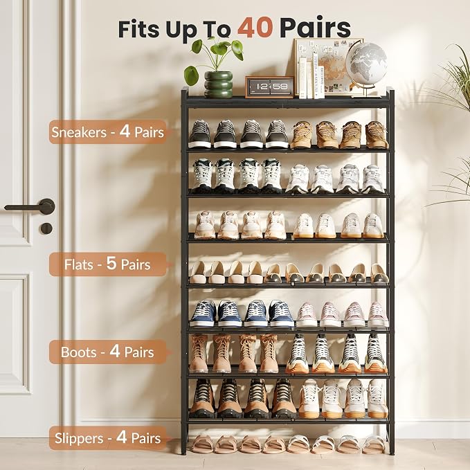 8 Tier Shoe Rack Organizer for 32-40 Pairs, Tall Metal Shoe Storage Shelf with Wood Top, Adjustable Boot Space, Narrow Design for Entryway Closet, Black