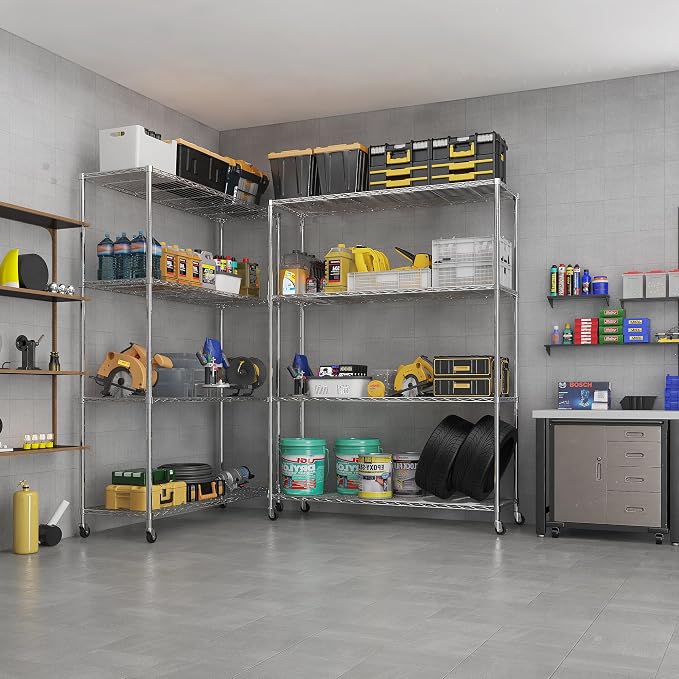 Karl home Silver 4-Tier Wire Storage Shelving with Wheels, 800LBS | Rolling Storage Unit Dimension 64.96"H X 46.06" W X 17.7" D, Multipurpose Organizer for Garage, Kitchen, Basement