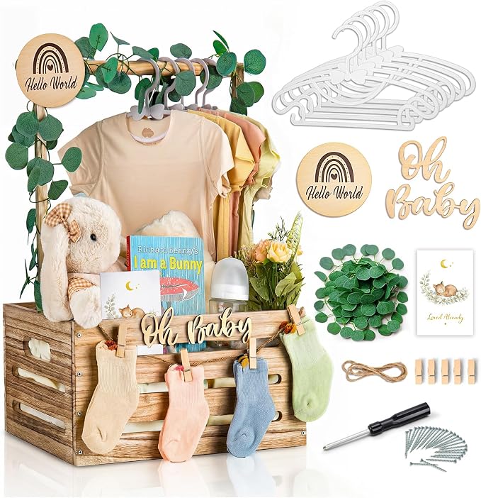 Wooden Baby Shower Crate Closet - Personalized Baby Gift Baskets with Hangers and Handle, Brown Large Newborn Boy Girl Clothes Storage Box for Newborn New Parent