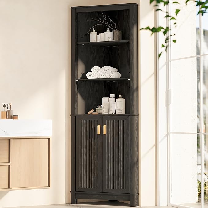 INNOD 69" Tall Corner Shelf with Doors, 6-Tier Corner Storage Cabinet with Doors, Space Saver Shelf for Bathroom, Bathroom Floor Cabinet for Living Room Kitchen, Hallway