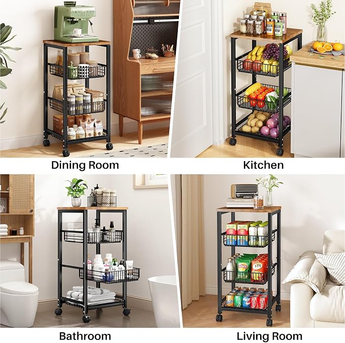 SNTD Fruit Basket Vegetable Stand for Kitchen Pantry, Pull Out Metal Wire Basket with Wood Top for Fruit Vegetable Onions Potatoes Snacks