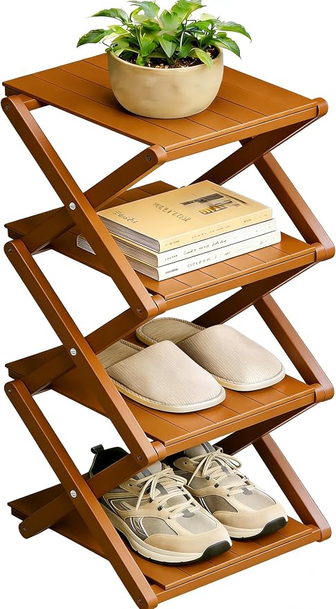 Bamboo Shoe Rack - No Assembly Required, Tall Narrow Foldable Shoe Organizer, Space-Saving Multifunctional Shelf for Entryways, Corners, Bedrooms, Balconies, 4 Layer Brown (Reinforced And Thickened )